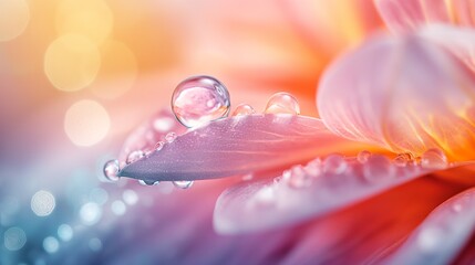 crystal water drop on flower petals, light colors