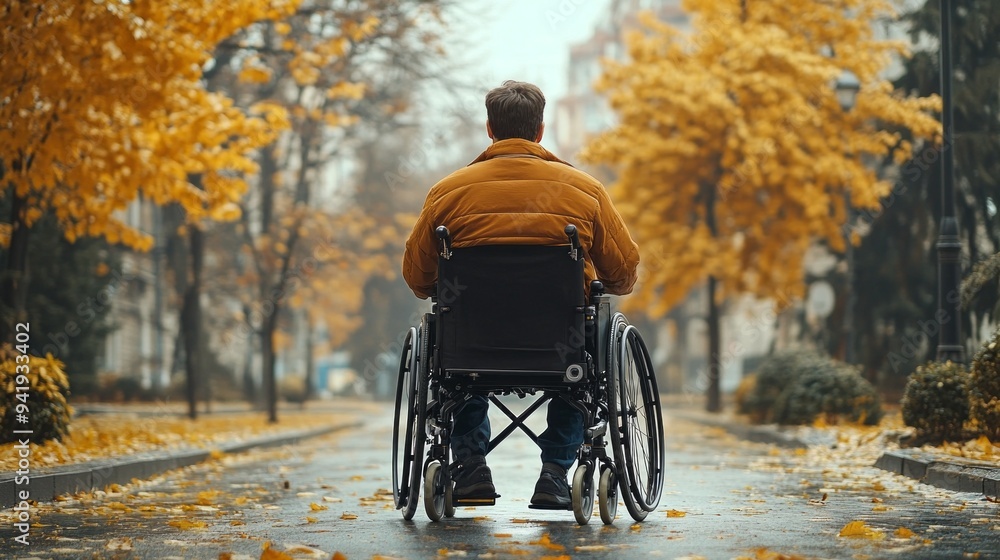 Poster A man in a wheelchair is sitting on the sidewalk in the fall