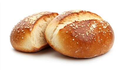 Fresh baked bread buns, cracked, on white