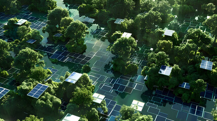 Vibrant Green Forest with Solar Panels Integrated into Tree Canopies, Sustainable Energy in Natural Setting.