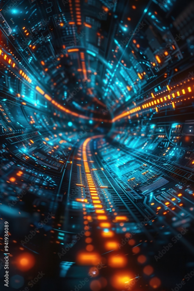 Poster futuristic digital tunnel with glowing circuits and bright lights, representing advanced technology 