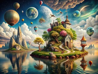 Surrealist Landscape: Distorted reality, unexpected objects, symbolic imagery, disorienting, thought-provoking, dreamlike
