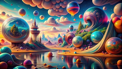 Surrealist Landscape: Dreamlike, distorted, impossible objects, vibrant colors, disorienting perspectives