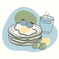 Morning Feast Pancakes, Bacon, Eggs and Fruit vector