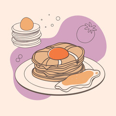 Morning Feast Pancakes, Bacon, Eggs and Fruit vector