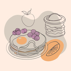 Morning Feast Pancakes, Bacon, Eggs and Fruit vector