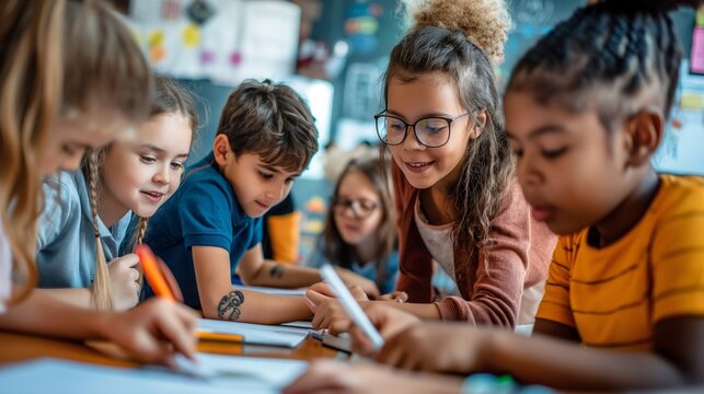 School kids work together on a class project