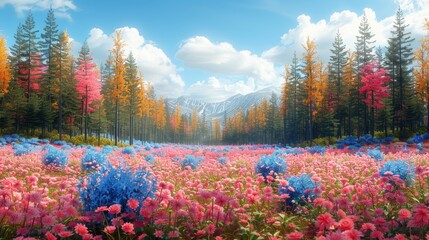 Fantasy landscape featuring a wide panoramic view of an autumn pine forest, adorned with summer roses and vibrant bluebell campanula flowers, evoking a magical atmosphere.