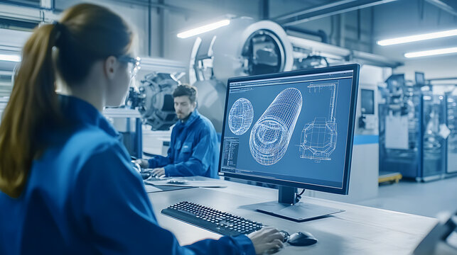 A team of engineers in a modern factory, gathered around a computer screen displaying a 3D model of a product design, with advanced machinery in the background. 