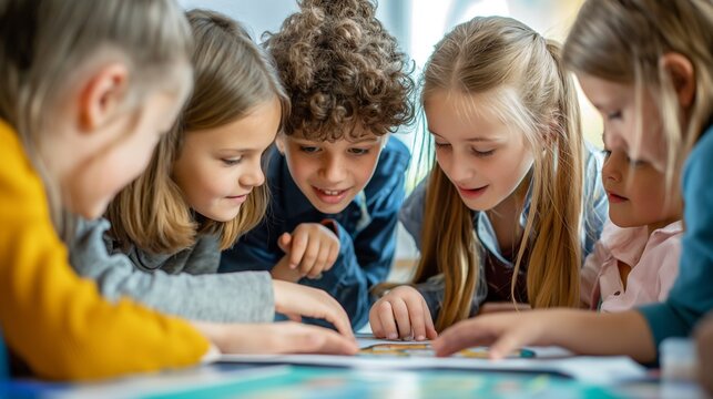 School kids work together on a class project