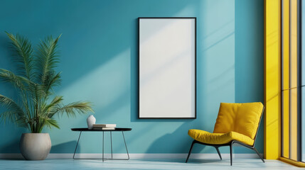 Vibrant Yellow Chair in a Blue Themed Modern Living Space