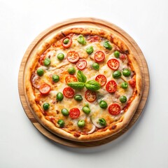 Tasty pizza with fresh ingredients on a white background