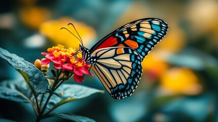 Obraz premium Detailed view of a vibrant butterfly perched on a flower perfect for nature-inspired wallpapers