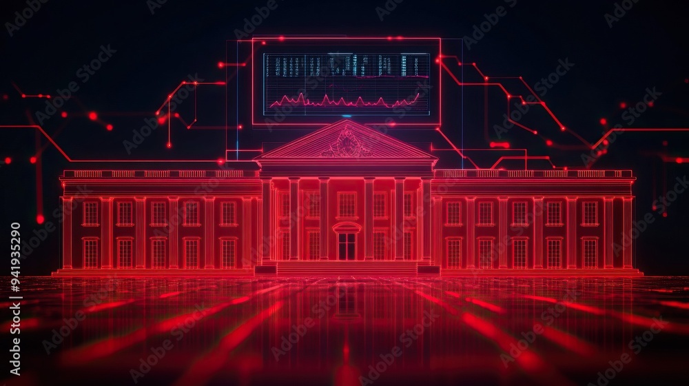 Poster a digital rendering of a government building in red tones, highlighting cybersecurity and technology