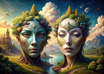 Surrealist Scenery: Masks Merging with Landscapes, Dreamlike, Symbolic, Exploring Subconscious and Imagination