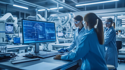 A team of engineers in a modern factory, gathered around a computer screen displaying a 3D model of a product design, with advanced machinery in the background. 
