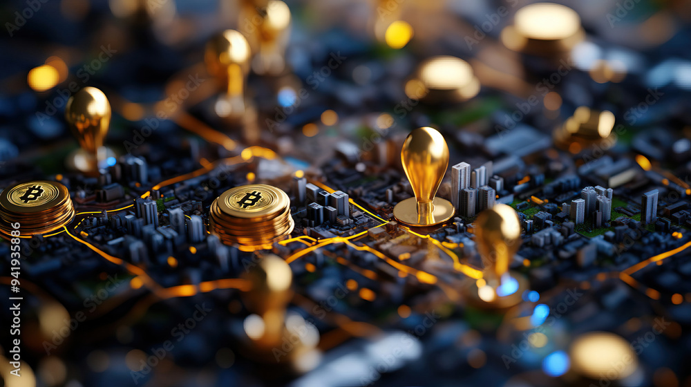 Aufkleber abstract digital cryptocurrency concept with gold bitcoin pins on a futuristic city map representing