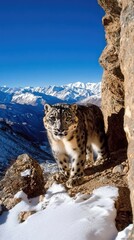 Obraz premium The snow leopard deftly leaps over snowy cliffs in the Himalayas, its striking fur blending with the pristine snow and towering mountains in the background