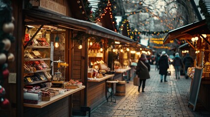 Fototapeta premium A Christmas market with stalls selling handmade crafts and hot drinks