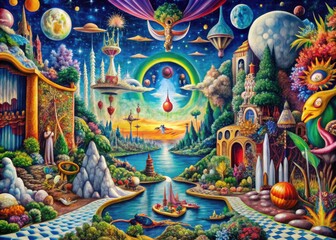 Surrealist Tapestry: Distorted imagery, dreamlike sequences, vibrant colors, abstract compositions