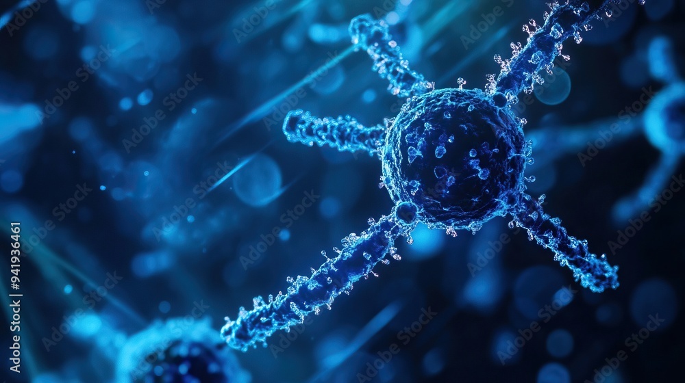 Poster close-up view of vibrant blue microorganisms, showcasing intricate details and structures under a mi
