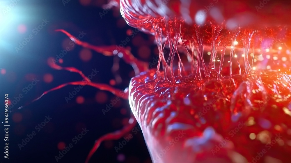 Poster close-up view of vibrant red fluid with intricate details, showcasing the dynamic movement and textu