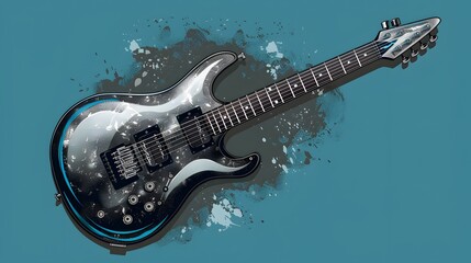  Electric guitar with black and silver design on a blue background