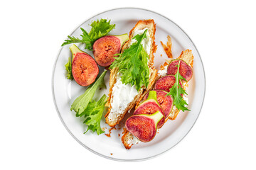 sandwich fig croissant, cream cheese fresh meal food snack on the table copy space food background rustic top view vegetarian vegan food