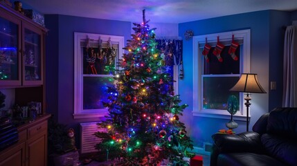 A Christmas tree decorated with colorful lights and ornaments