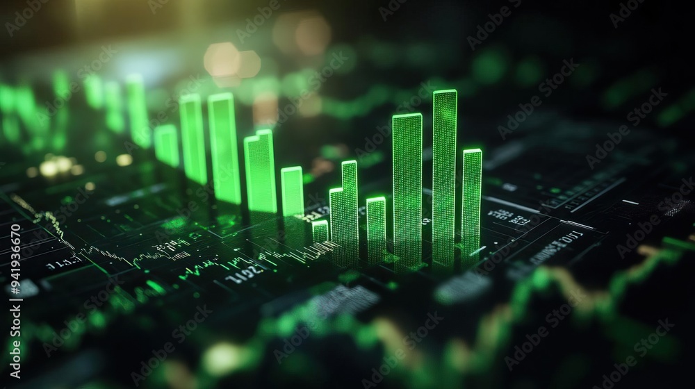 Poster A vibrant financial chart displaying green bar graphs overlaid on a dark background, symbolizing data analysis and growth.
