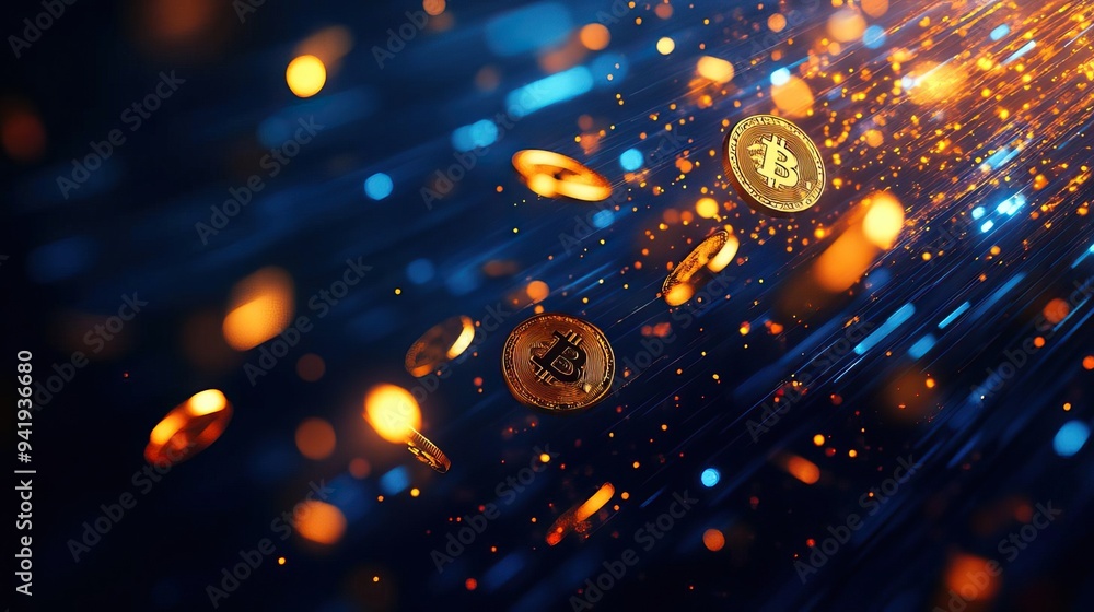 Poster dynamic digital representation of cryptocurrency, featuring falling bitcoin coins illuminated by vib