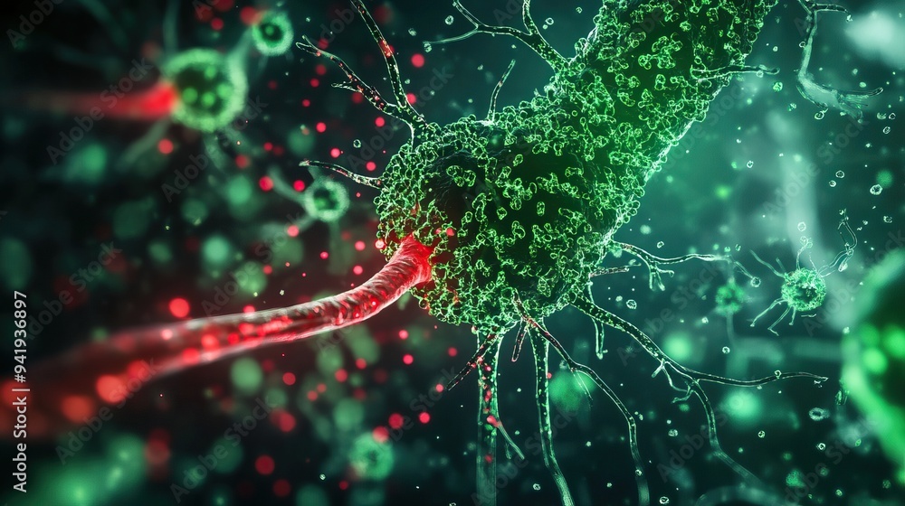 Poster microscopic view of a neuron synapse, showcasing neurotransmitter transmission and intricate cellula