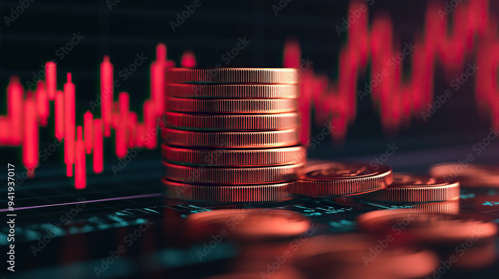 Poster stack of coins on a financial chart with a red line graph in the background, symbolizing economic tr
