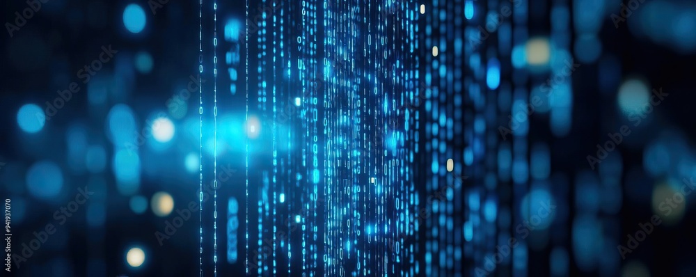 Poster a captivating digital landscape featuring glowing blue binary code, symbolizing technology and the d