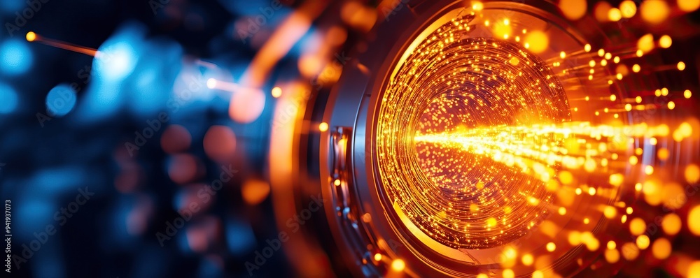Poster Vibrant abstract image showcasing glowing particles and light patterns within a lens, perfect for technology and innovation themes.