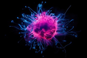Obraz premium Vibrant abstract illustration featuring a glowing pink and blue jellyfish-like form against a black background.