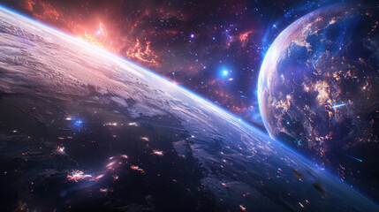 Obraz premium enigmatic, vibrant, colorful and contrasting, bright highlights, scene: first contact with an alien civilization