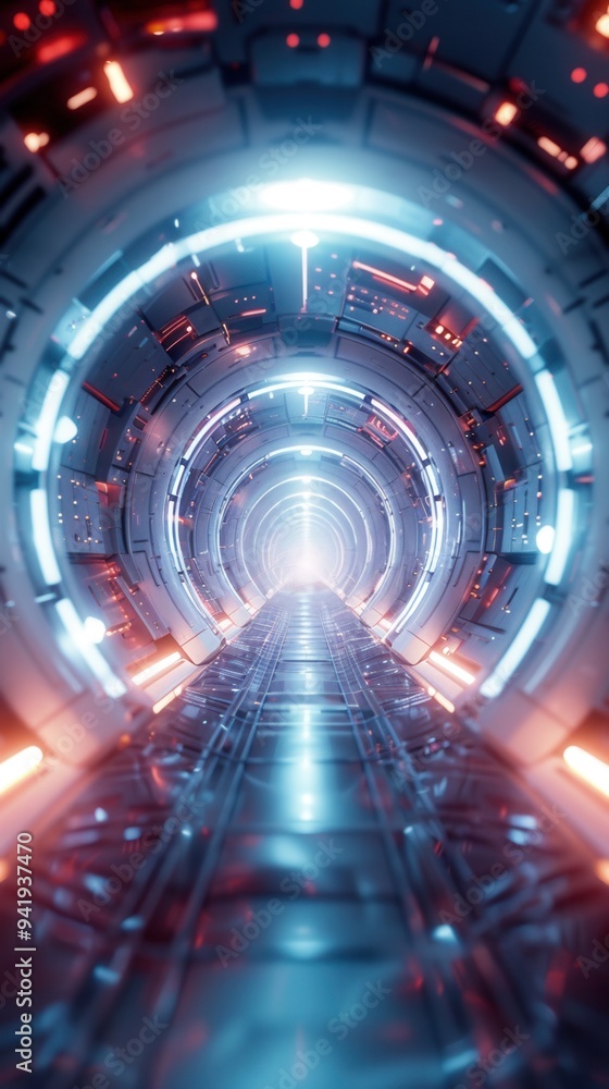 Poster futuristic glowing tunnel with neon lights, creating a sci-fi atmosphere. perfect for technology and