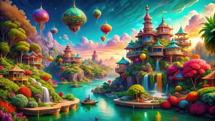 Fototapeta premium Surreal Paradise: Blending of reality and fantasy, vibrant colors, unusual perspectives, imaginative