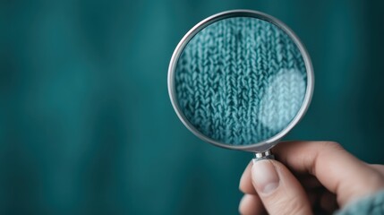 A hand holds a magnifying glass examining a green knitted fabric, highlighting focus, scrutiny, and the appreciation of intricate details in textiles or clothing.