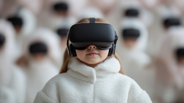 A group of children dressed in white woolen clothes, all wearing VR headsets, exploring a virtual or augmented world, showcasing the communal aspect of tech experiences.
