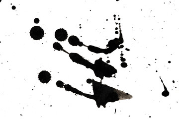 Black ink splashes on white background. Abstract grunge background.