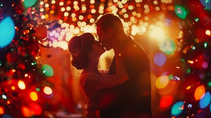 couple kissing under the mistletoe during a New Year's Eve party