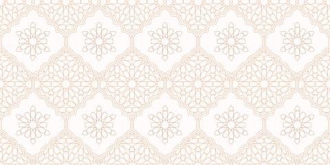 Abstract geometric moroccan gold lace seamless pattern. Arabic tile lattice vector background