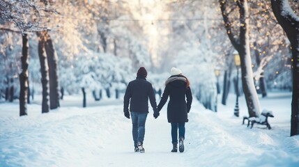 couple walking through a snow-covered park