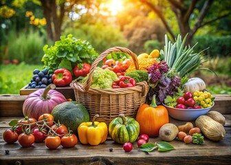 Freshly harvested fruits and vegetables displayed on a rustic wooden table, showcasing the importance of sustainable farming and healthy eating practices in a local community.