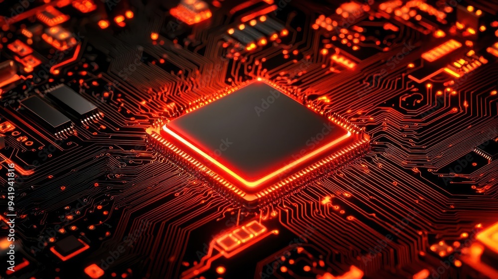 Poster close-up of a glowing microprocessor on a circuit board showcasing intricate electronic design and v