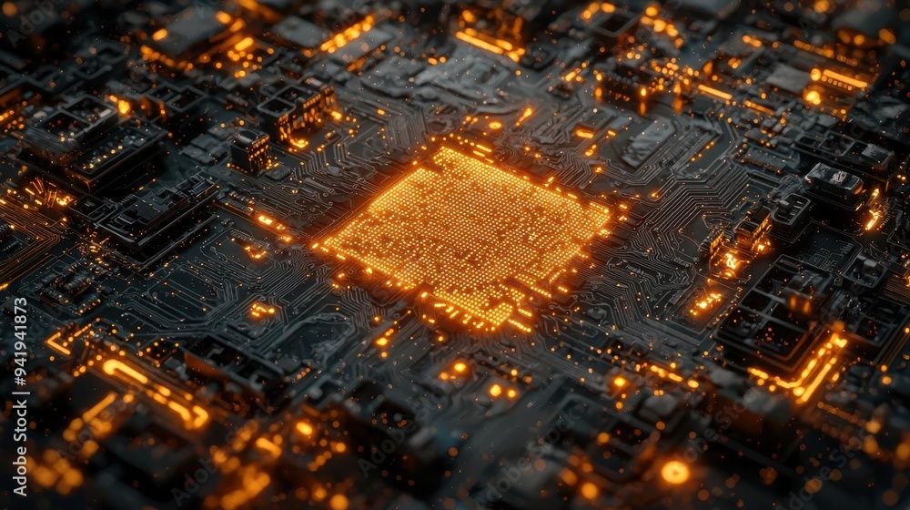 Poster close-up view of a glowing microchip on a circuit board showcasing intricate details and modern tech
