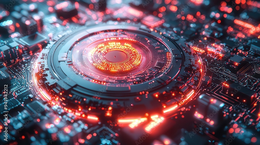 Poster abstract digital art showcasing a futuristic circuit design with glowing elements in vibrant colors