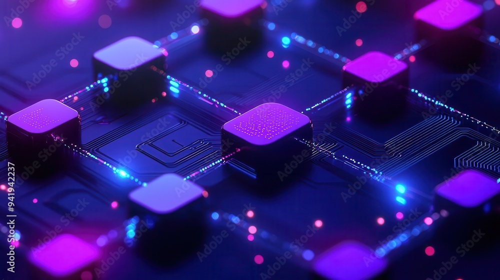 Poster abstract digital circuit board with glowing purple and blue element representing technology and inno